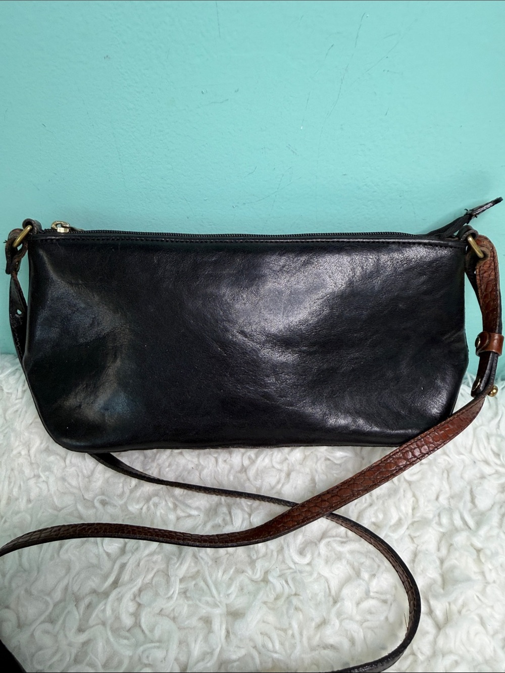 Brahmin Vintage Classic Black Leather Crossbody Bag with Brown Strap